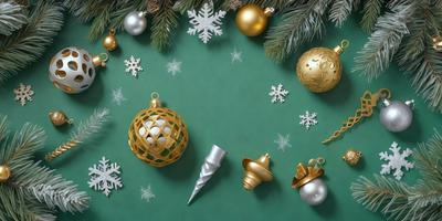The primary subject of the image is a collection of Christmas ornaments, including a gold ball, a silver cone, and a gold star. These ornaments are displayed on a green background, which adds a festive touch to the scene. The visual style of the image is a combination of photo and digital art, creating a realistic yet artistic representation of the ornaments. The colors and mood of the image are predominantly gold and silver, giving it a warm and celebratory atmosphere.